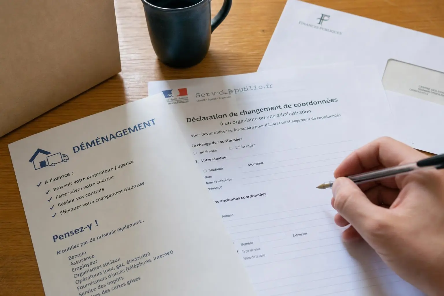 Personne remplit une Déclaration de changement de coordonnées sur une table, avec des documents liés au déménagement et un mug à côté. Bien préparer son déménagement est illustré par les papiers d’organisation.