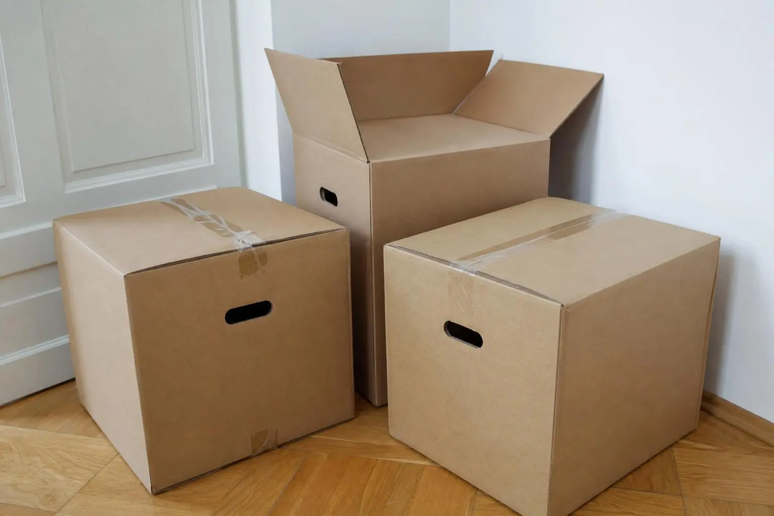 Trois cartons en carton près d’une porte, prêts à être emballés et transportés pour bien préparer son déménagement.