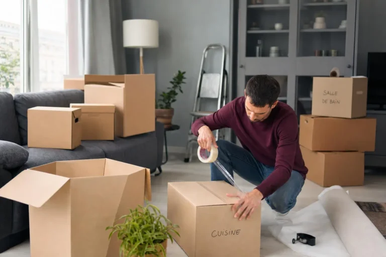 Homme en intérieur organise des cartons pour déménagement, étiquetant et refermant des emballages près d’un canapé. Bien préparer son déménagement.